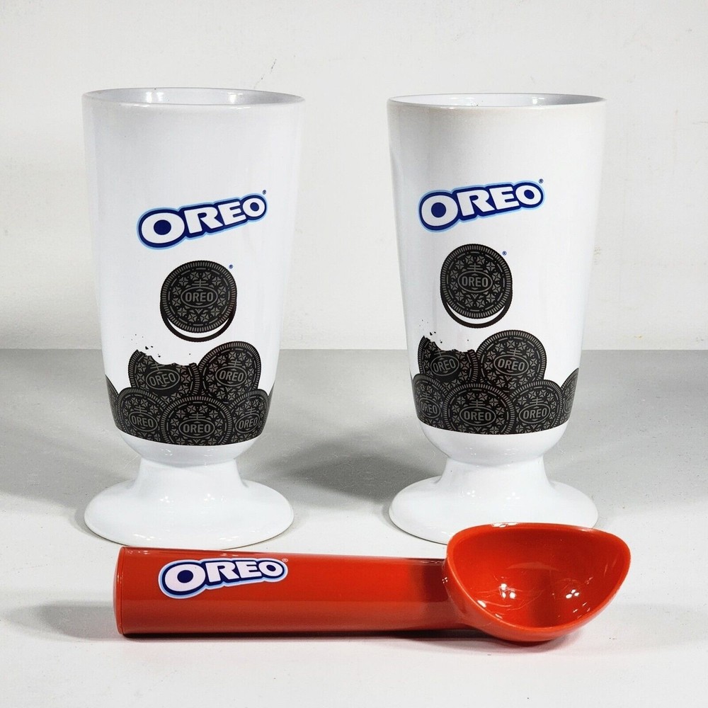 (2) Oreo Advertising Large Ceramic Ice Cream Parfaits+Scoop MILKSHAKE DUNK SNACK